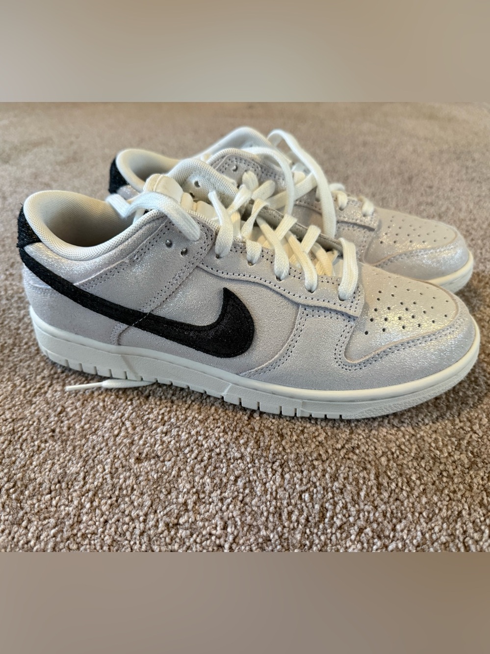 Women's Dunk Low SE 'White Glittery Suede' sneaker. Size 8.5 new, never worn.